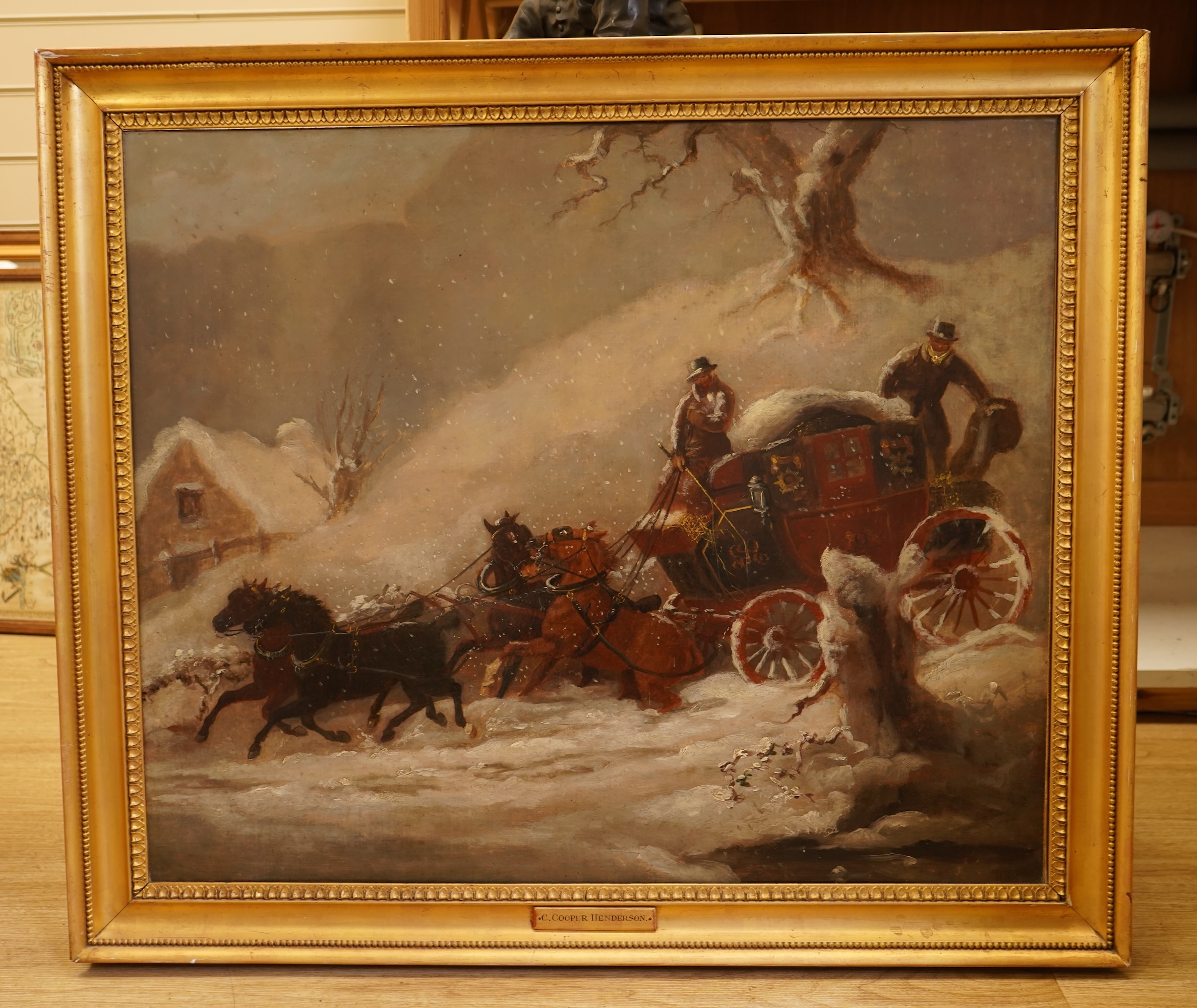 Charles Cooper Henderson (1803-1877),Coaching scene in snow, unsigned, oil on canvas, 62cm x 75cm, Provenance: According to a handwritten label verso, this work was given by the artist to his friend and patron John Congr
